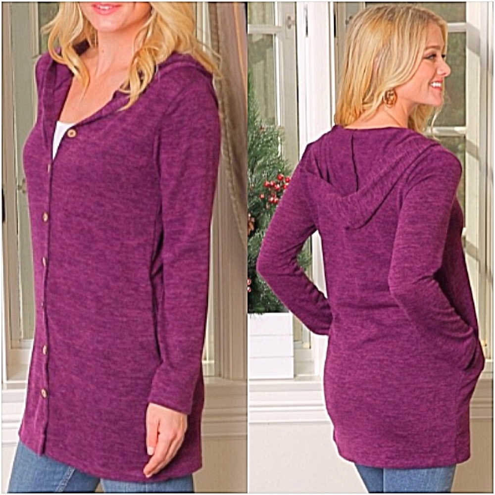 Cozy Button Hoodie Tunic Top Pocket ML - Picture 6 of 8